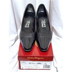 VTG Salvatore Ferragamo Cap Toe Pumps 8R Black Leather Kitten Heels WITH BOX